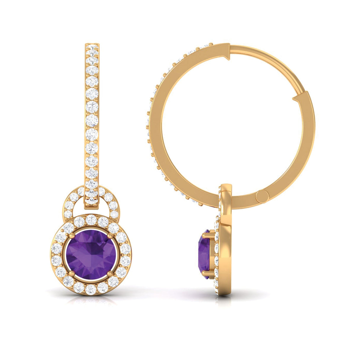 Real Amethyst Drop Hoop Earrings with Moissanite Halo