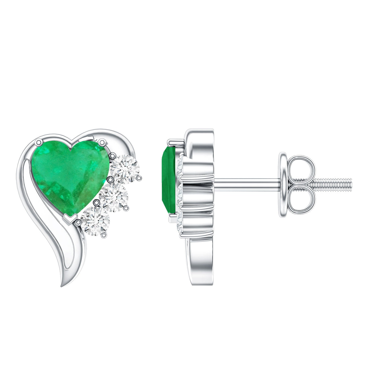 Real Emerald and Diamond Heart Stud Earrings
