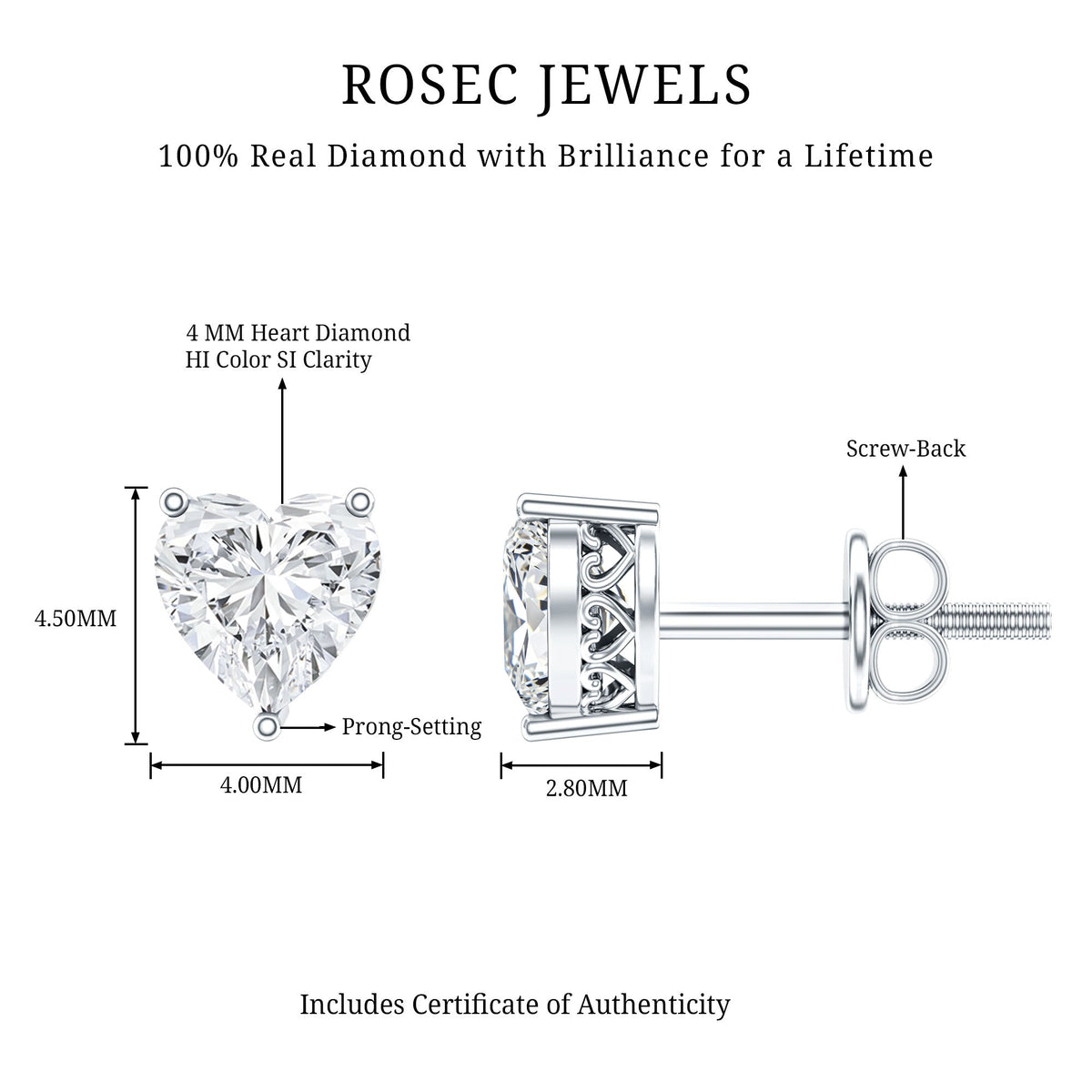 Certified Real Diamond Heart Shaped Earrings with Screw Back