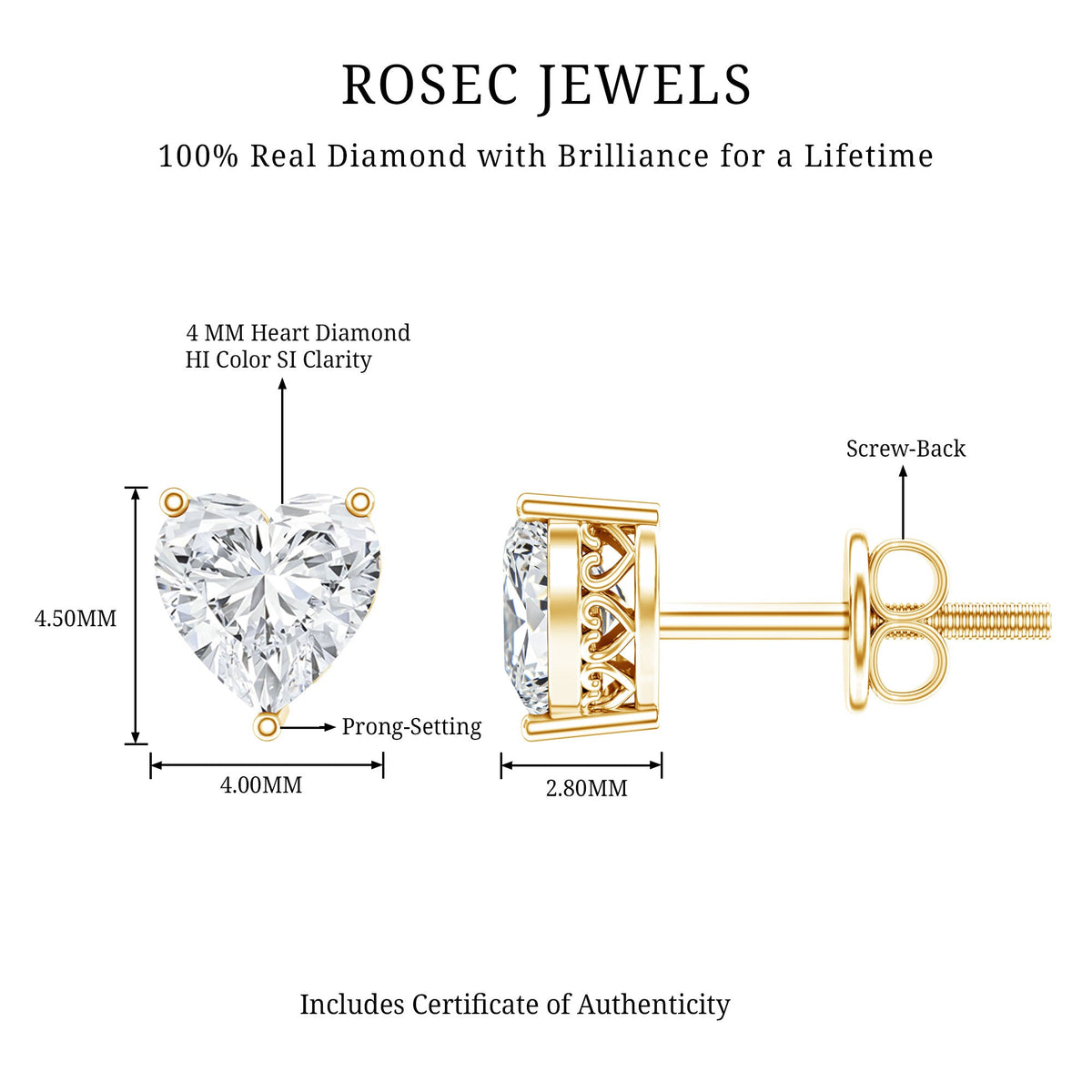 Certified Real Diamond Heart Shaped Earrings with Screw Back