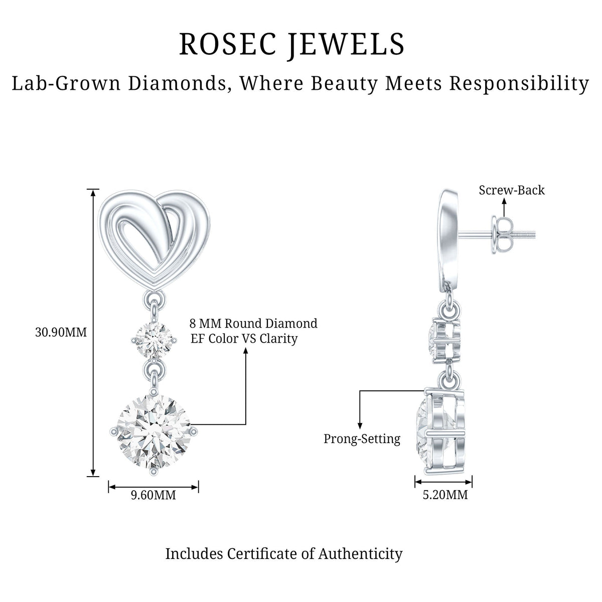 Certified Lab Grown Diamond Heart Dangle Drop Earrings
