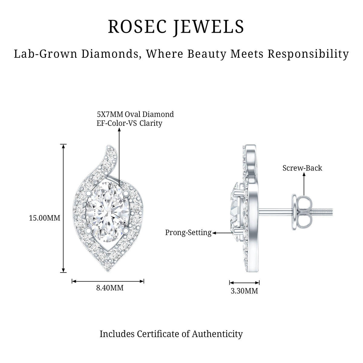 Certified 1.5 Carat Oval Lab Grown Diamond Stud Earrings For Women