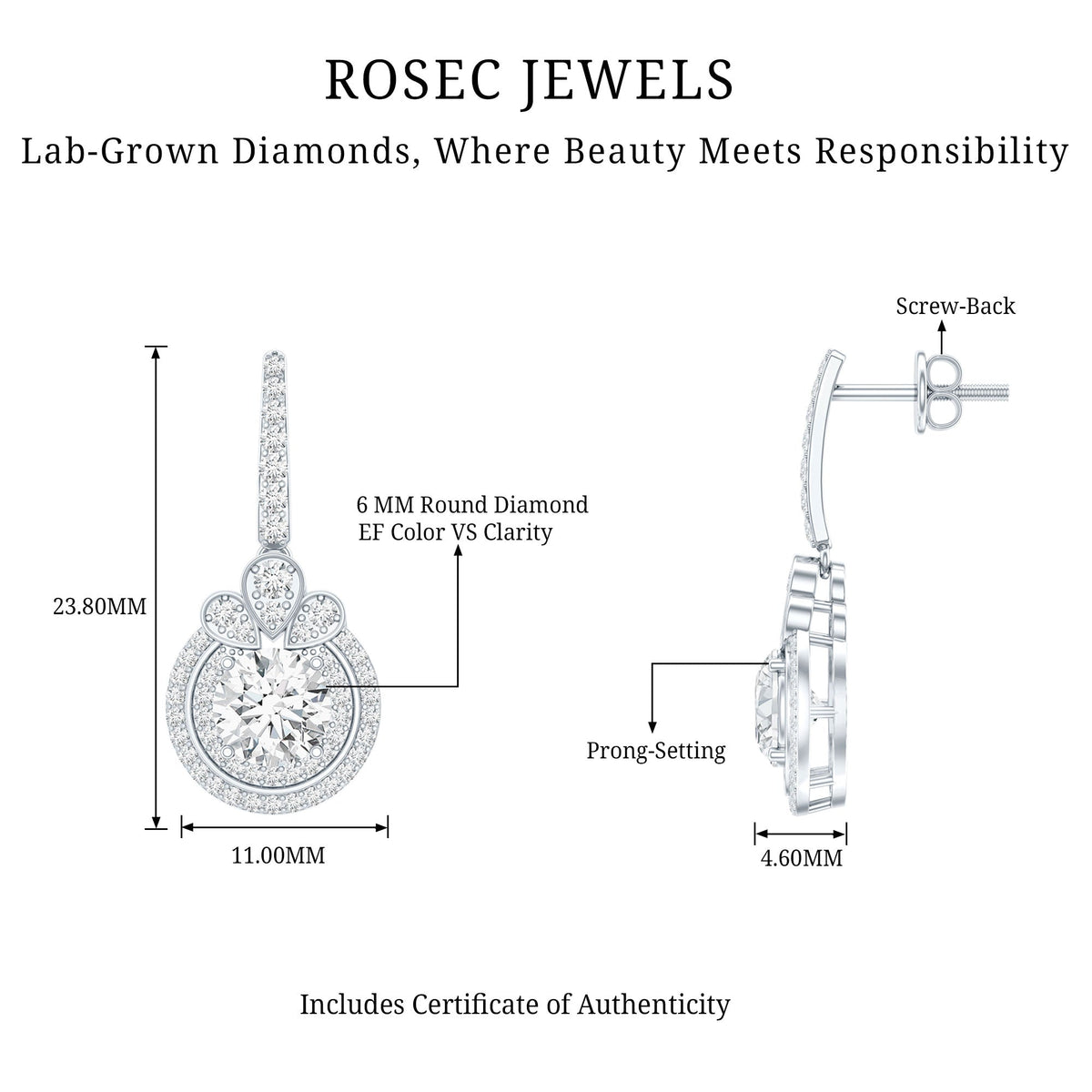 Certified Lab Grown Diamond Bridal Wedding Drop Earrings