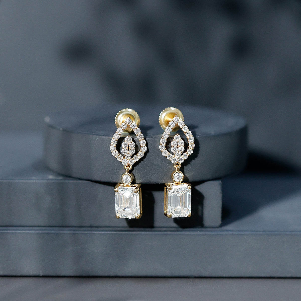 Emerald Cut Lab Grown Diamond Art Deco Drop Earrings