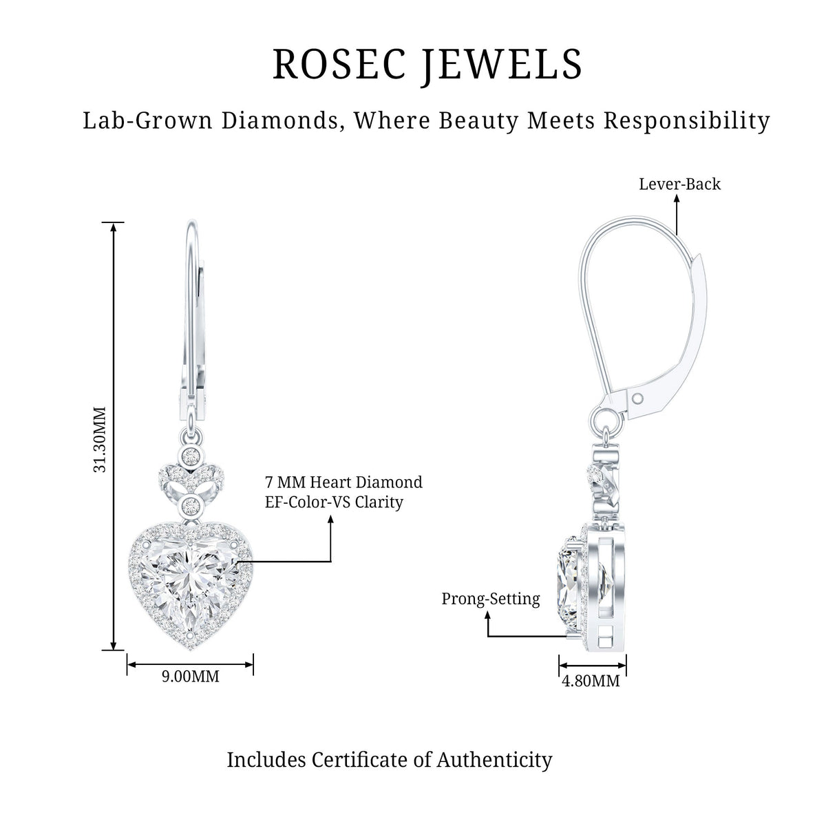 Certified 2.5 Carat Lab Grown Diamond Heart Drop Earrings