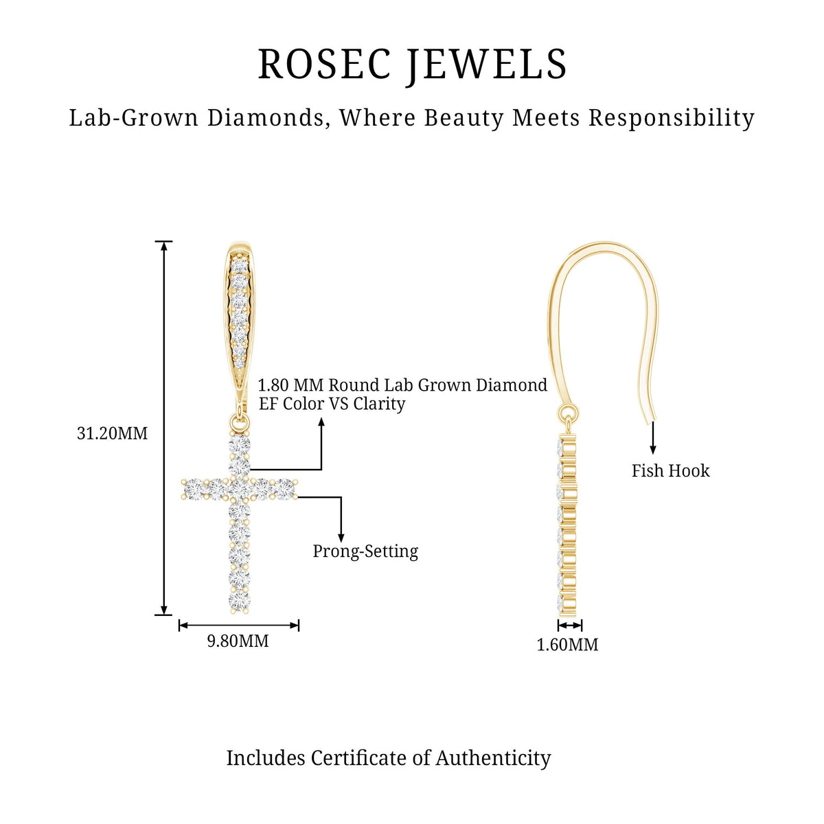 Certified Lab Grown Diamond Cross Fish Hook Earrings