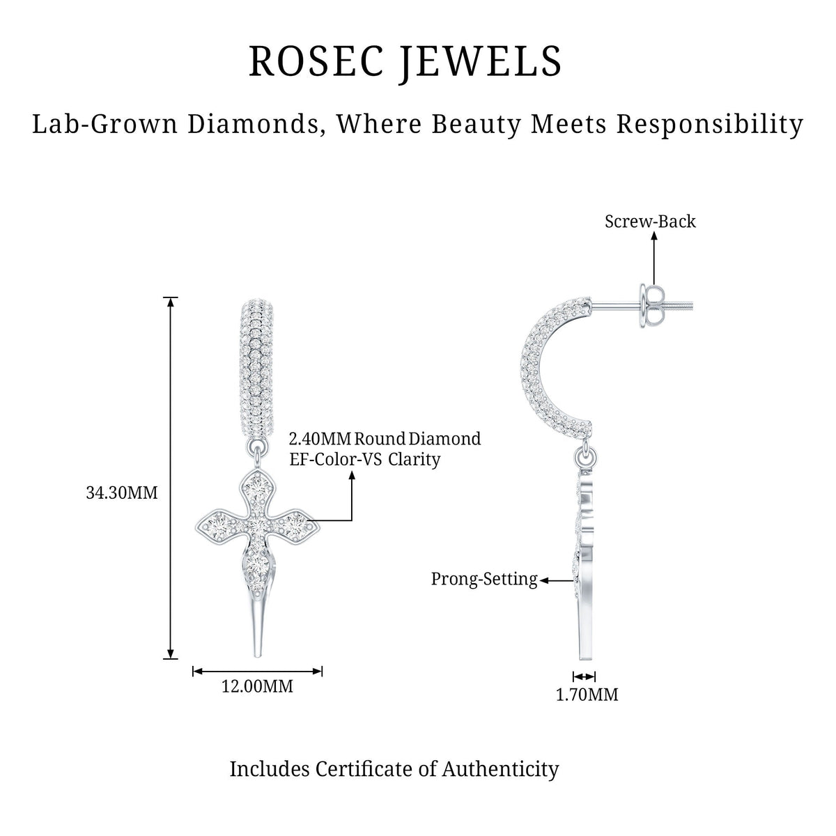 Lab Grown Diamond Designer Cross Earrings With Screw Back