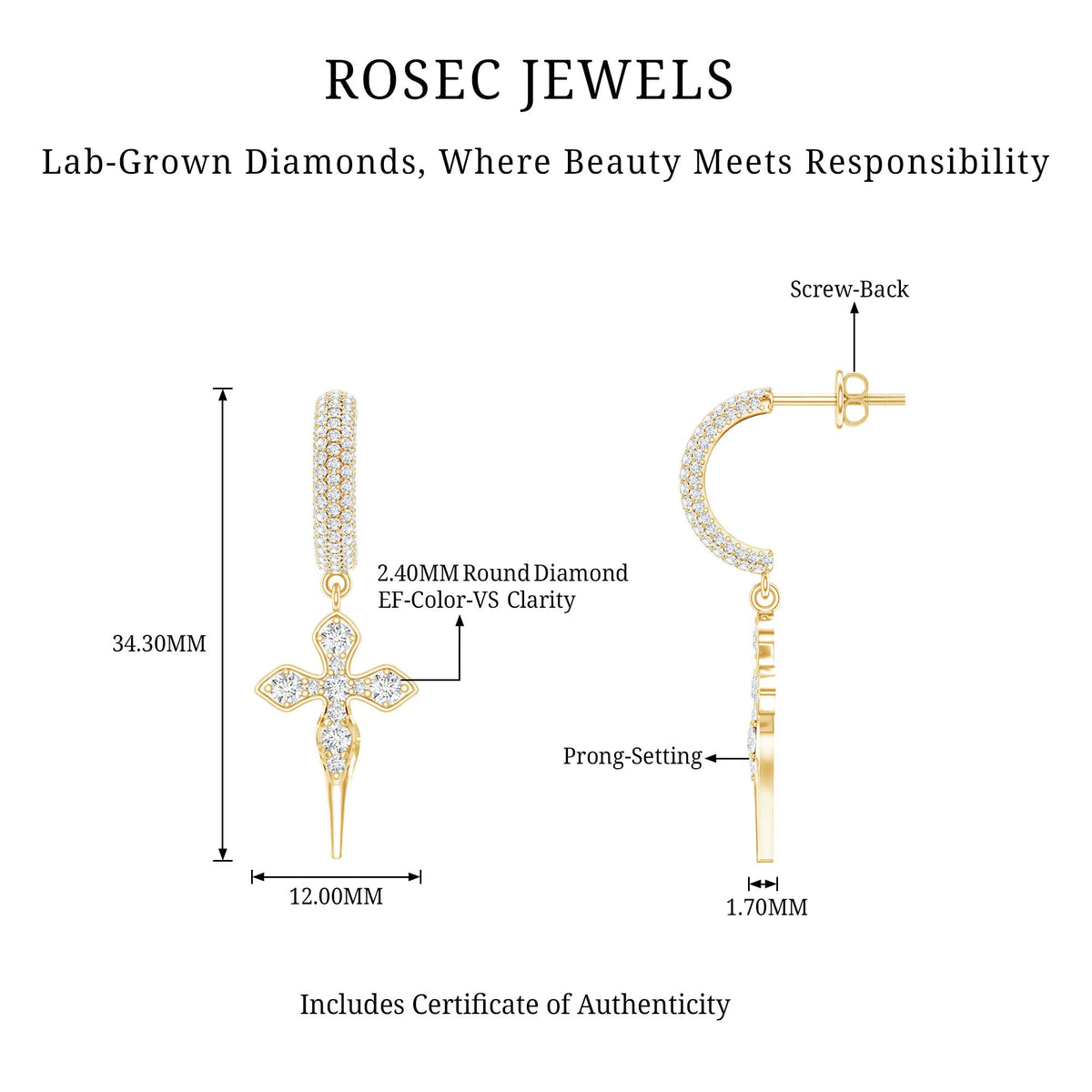 Lab Grown Diamond Designer Cross Earrings With Screw Back