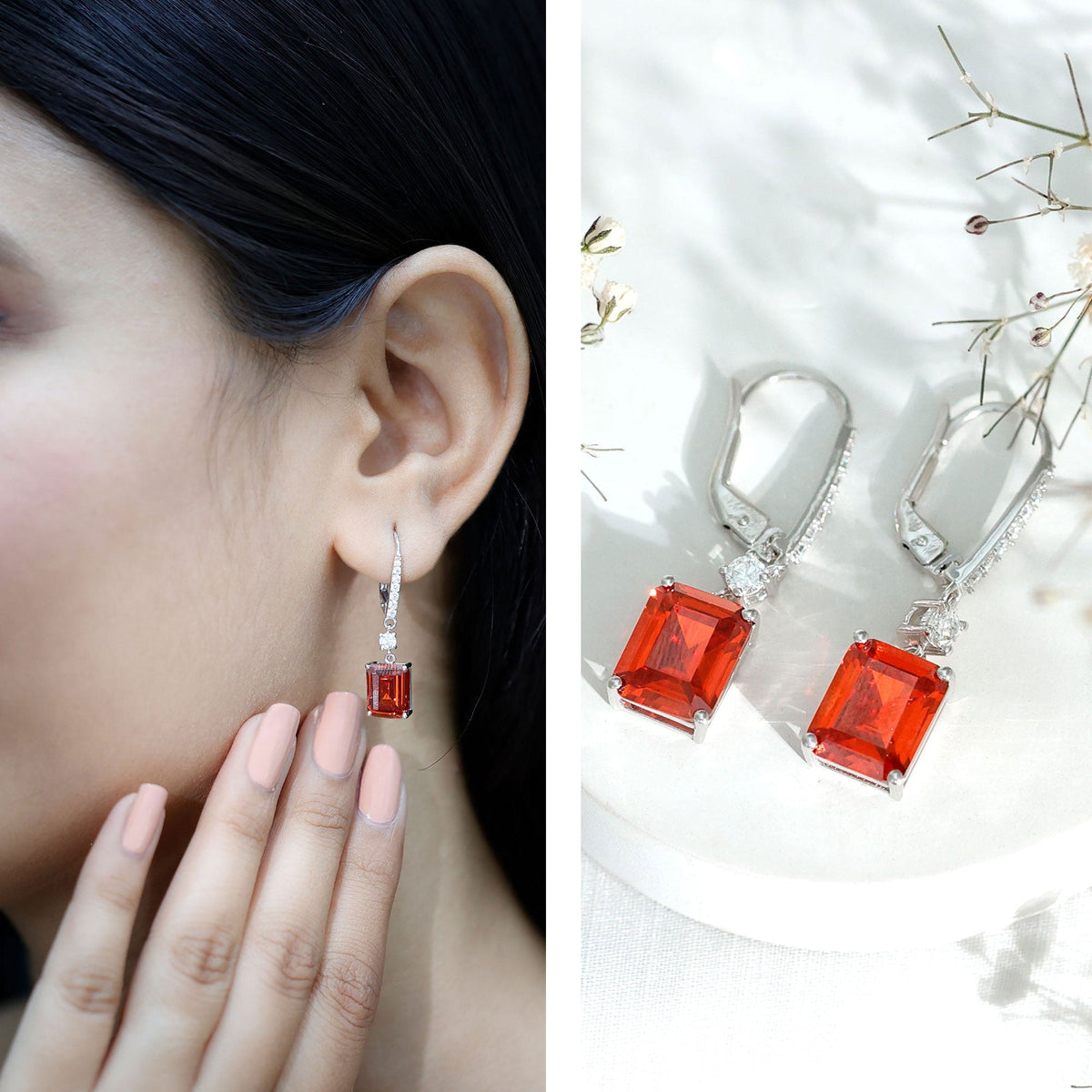 5.5 Carat Emerald Cut Lab Created Orange Sapphire Hoop Drop Earrings