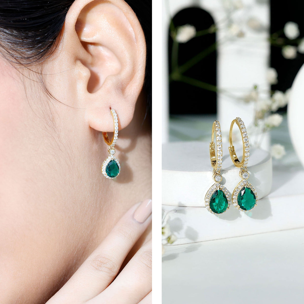 Lab Grown Emerald Hoop Drop Earrings With Moissanite Halo