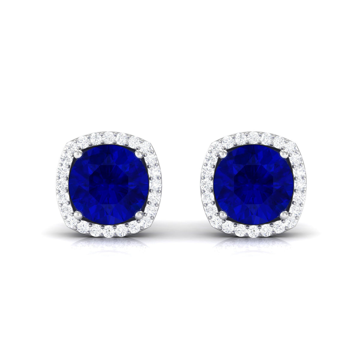 Round Lab Created Blue Sapphire Stud Earrings with Diamond Halo