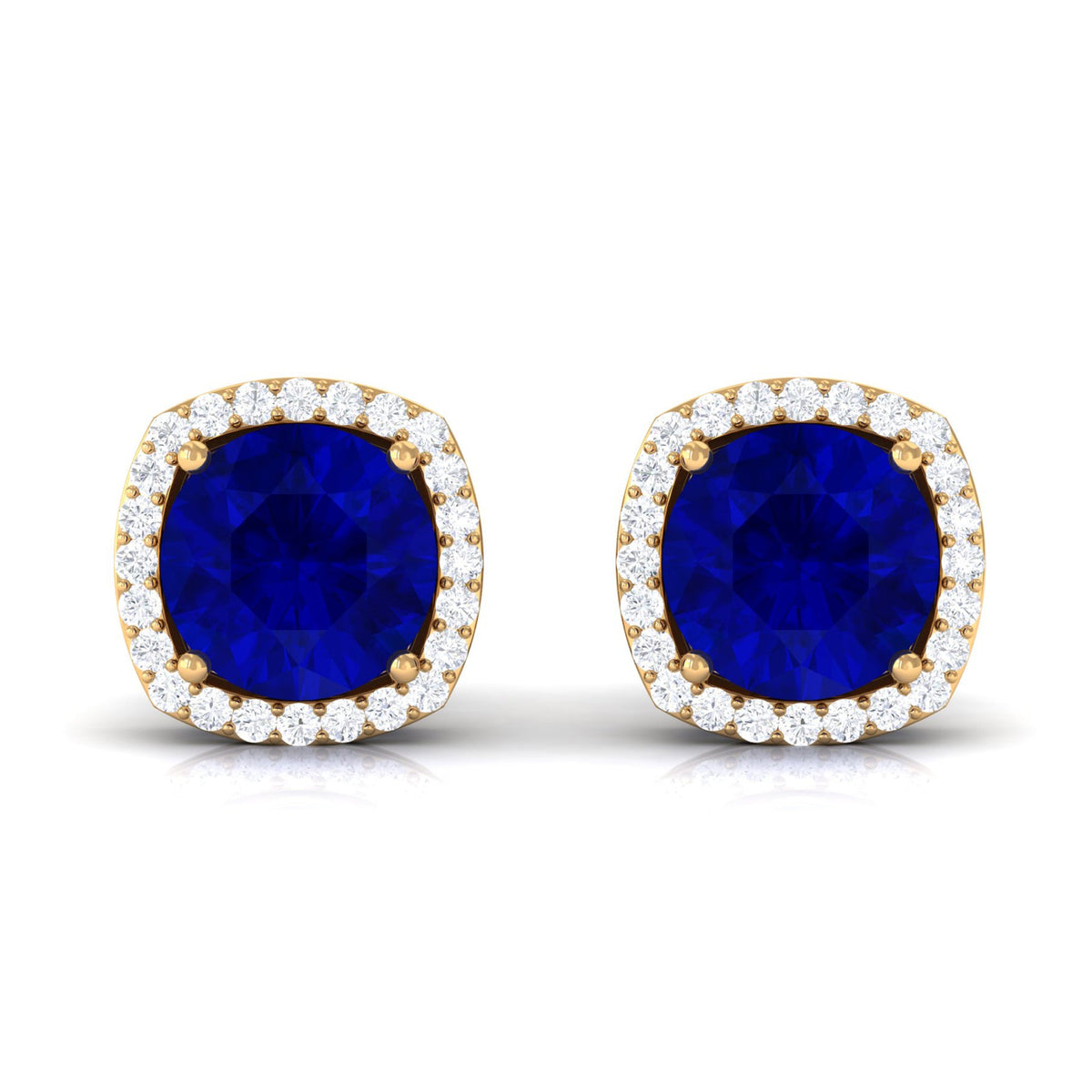 Round Lab Created Blue Sapphire Stud Earrings with Diamond Halo