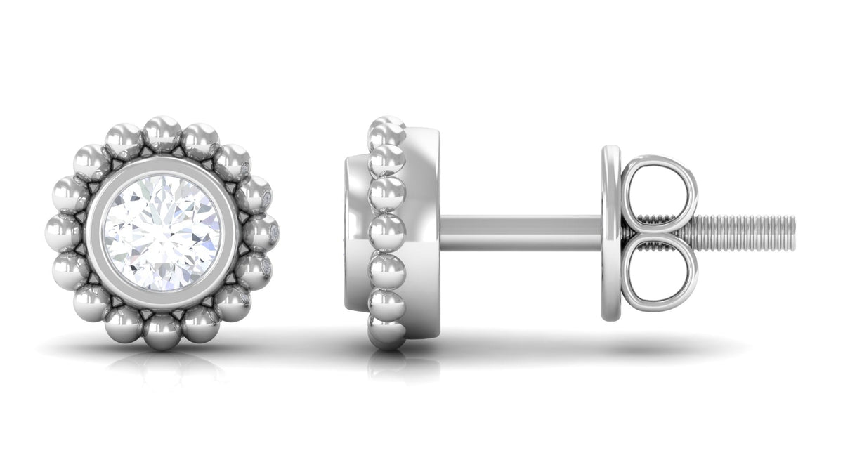 Real Diamond Solitaire Stud Earrings with Beaded Detail