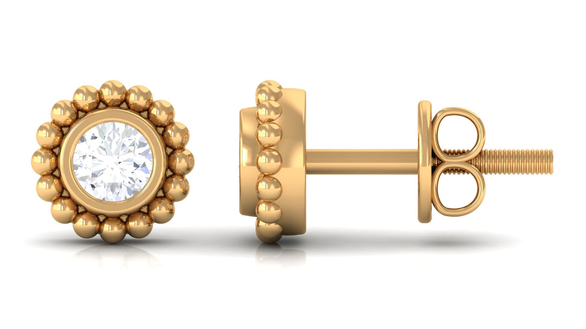 Real Diamond Solitaire Stud Earrings with Beaded Detail
