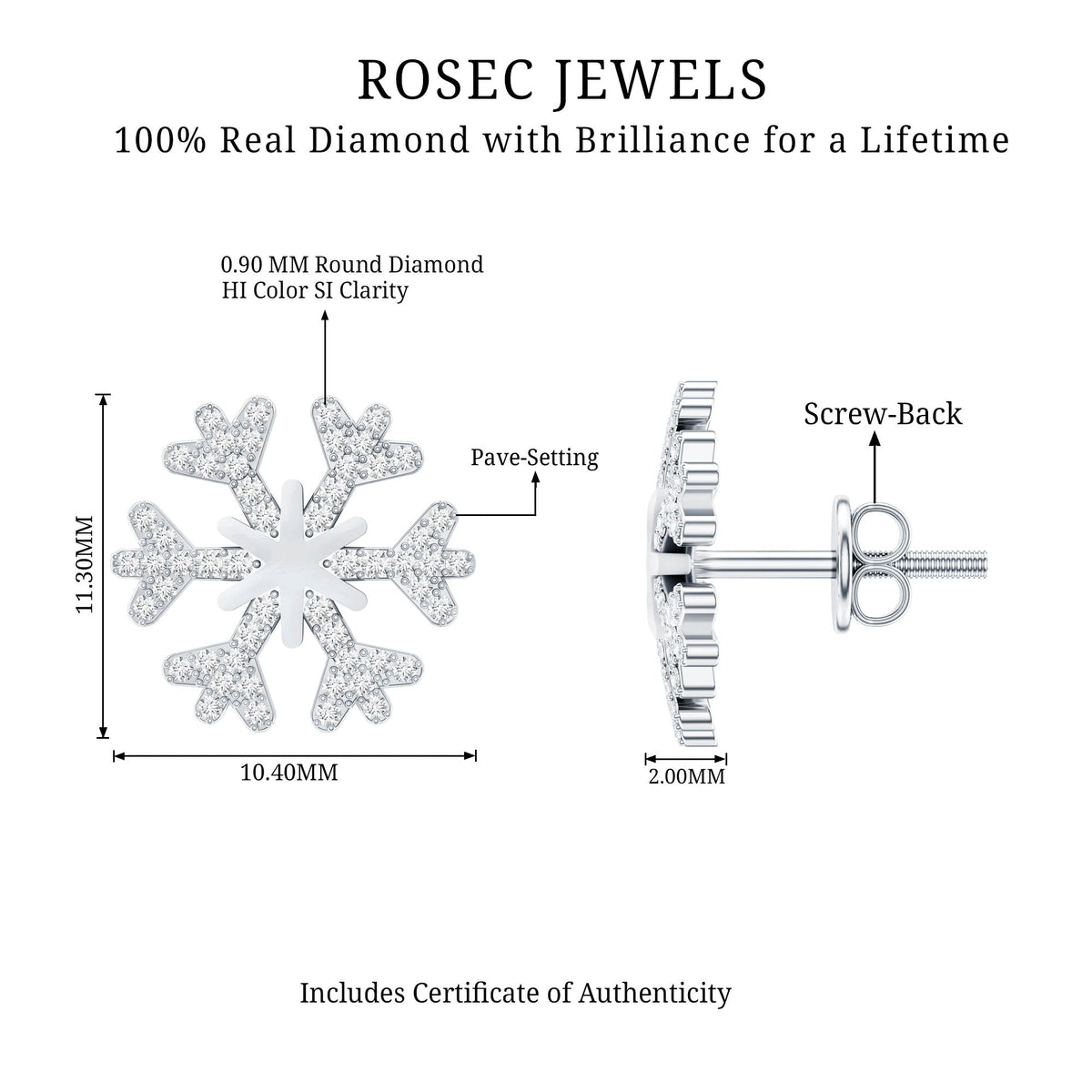 Natural Diamond Snowflake Earrings with Screw Back