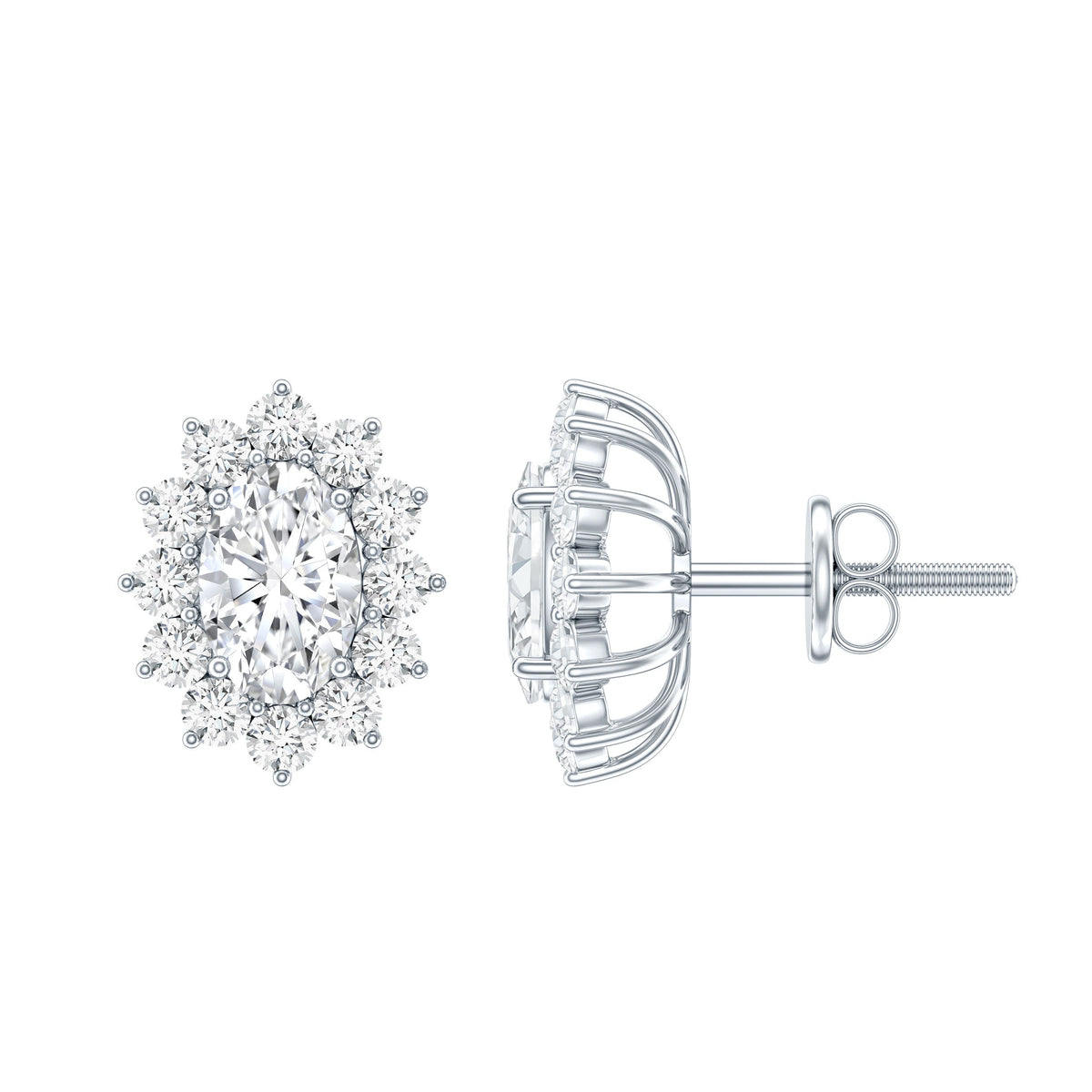Oval Shaped CZ Diamond Halo Stud Earrings with Screw Back