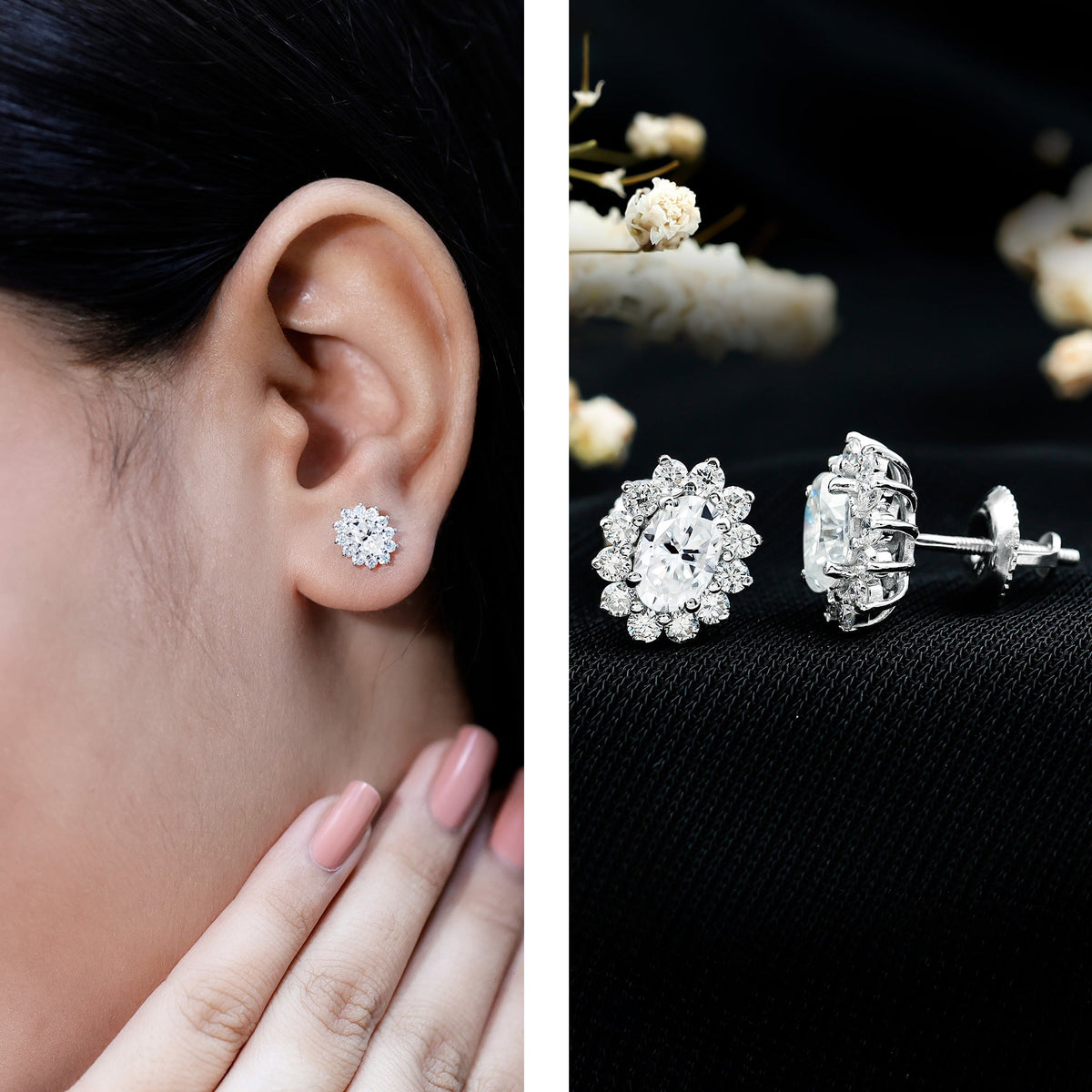 Oval Shaped CZ Diamond Halo Stud Earrings with Screw Back