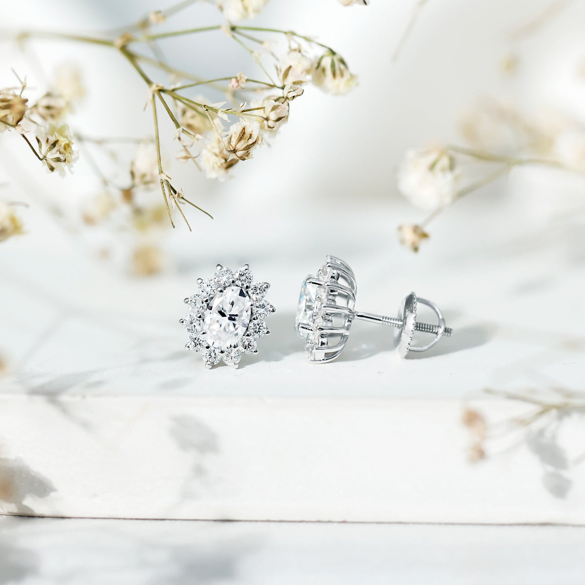 Oval Shaped CZ Diamond Halo Stud Earrings with Screw Back