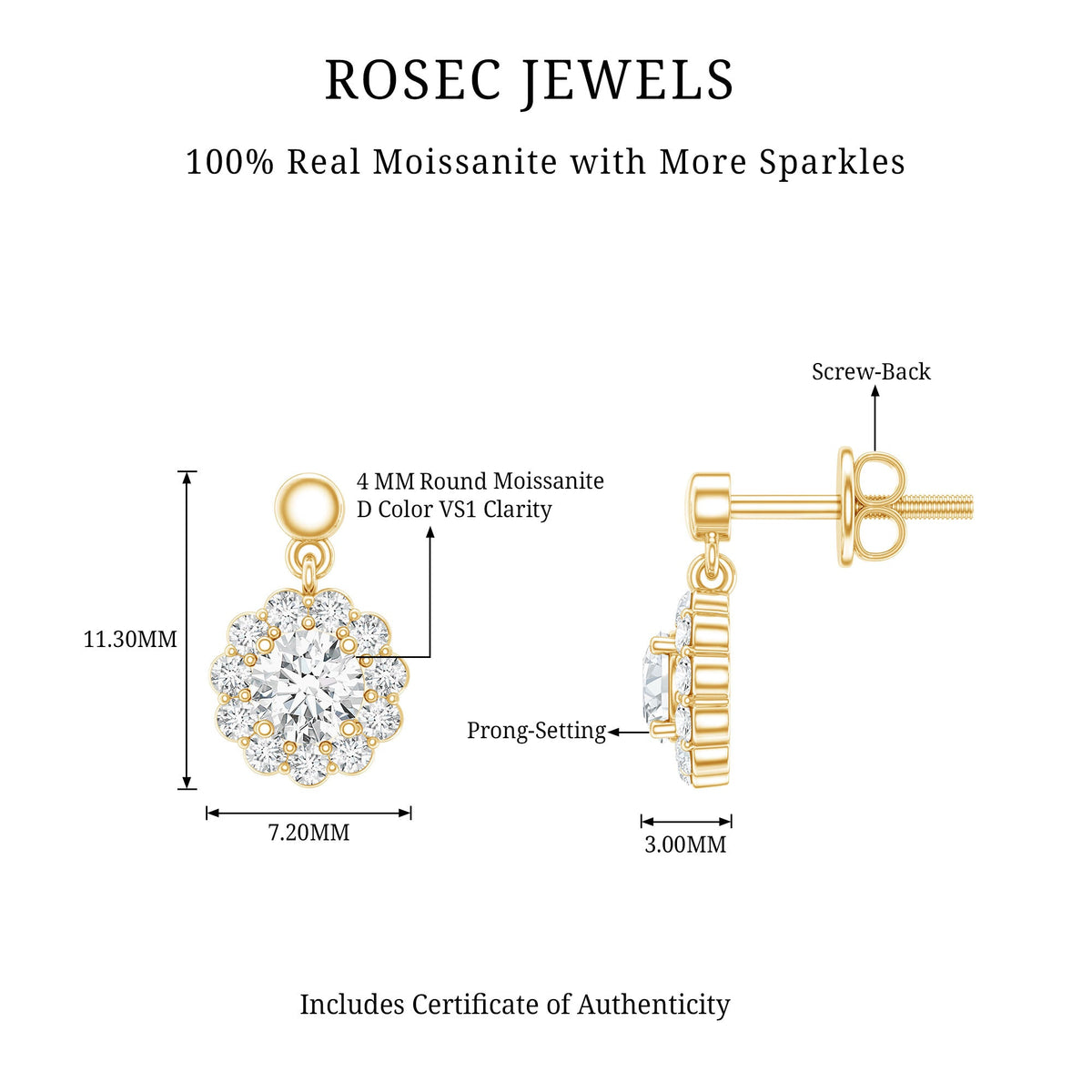 Certified Moissanite Flower Halo Drop Earrings