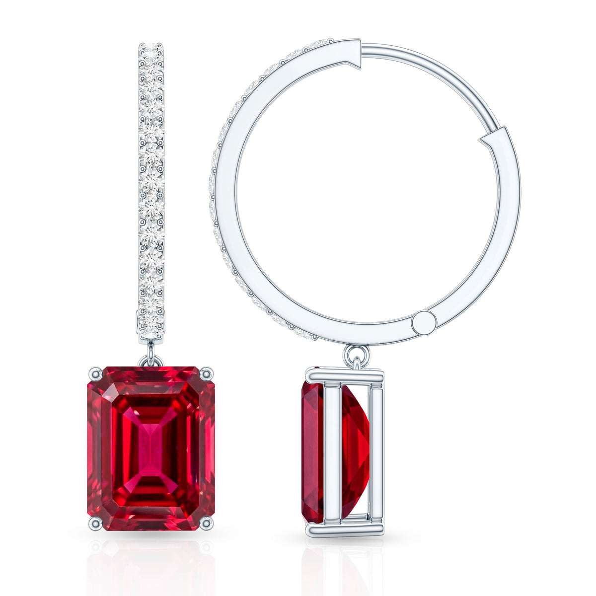 Emerald Cut Lab Created Ruby and Diamond Hoop Drop Earrings