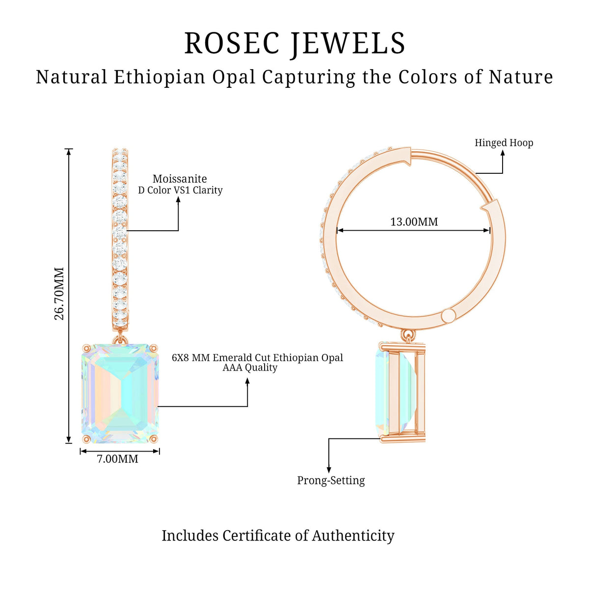 Genuine Emerald Cut Ethiopian Opal Drop Hoop Earrings