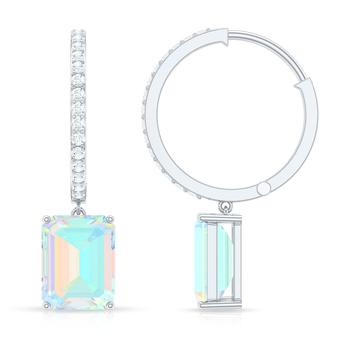 Genuine Emerald Cut Ethiopian Opal Drop Hoop Earrings