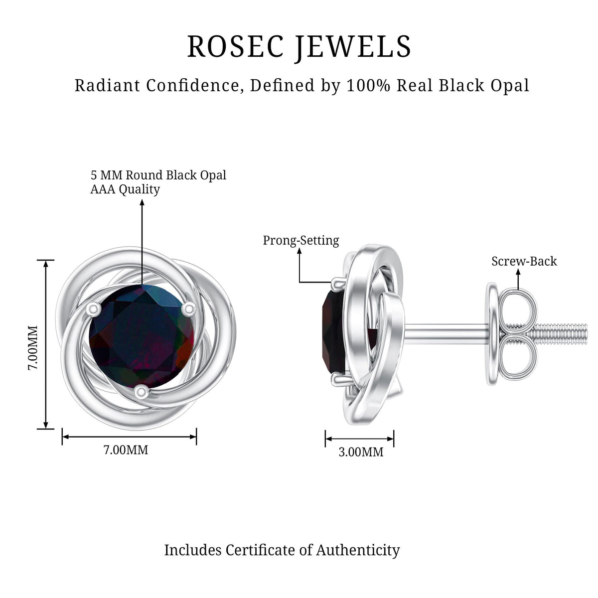 Natural Black Opal Solitaire Swirl Stud Earrings