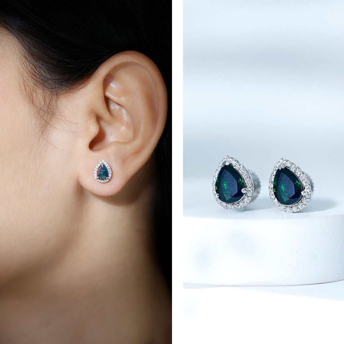 Classic Pear Cut Black Opal and Moissanite Halo Stud Earrings