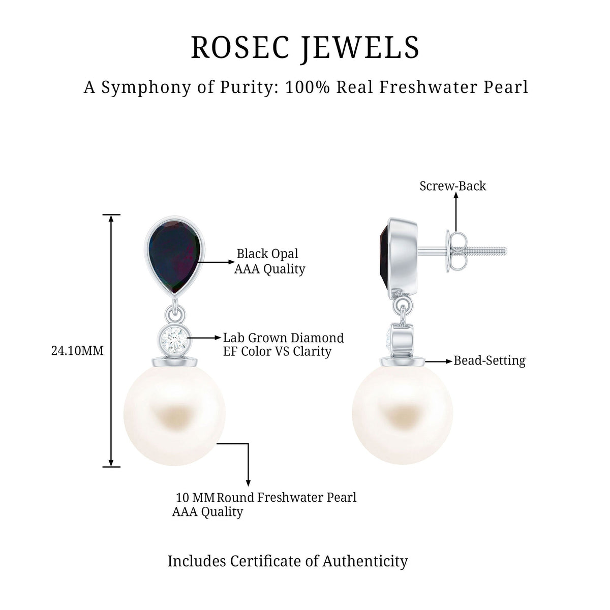 Freshwater Pearl Drop Earrings with Black Opal and Diamond
