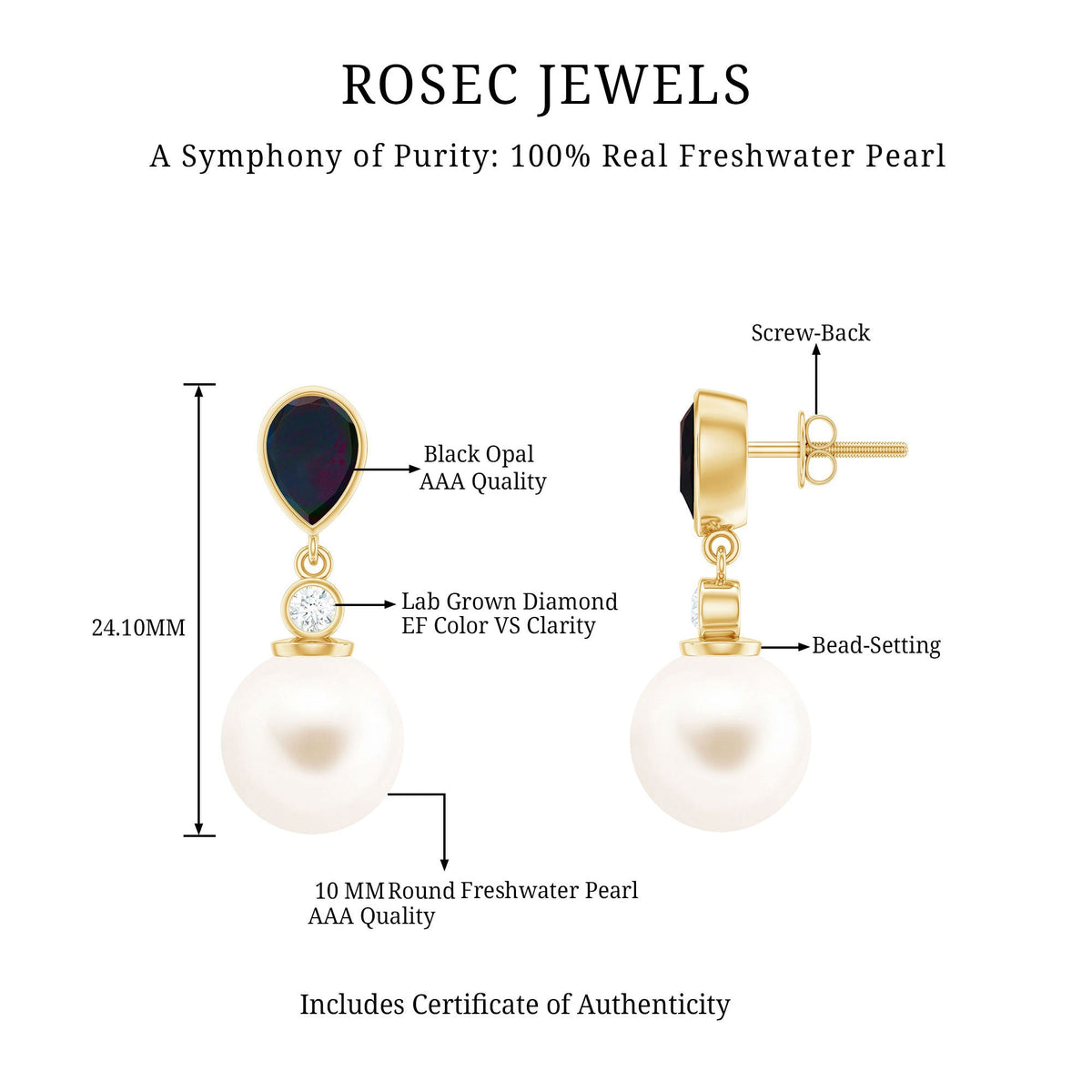 Freshwater Pearl Drop Earrings with Black Opal and Diamond