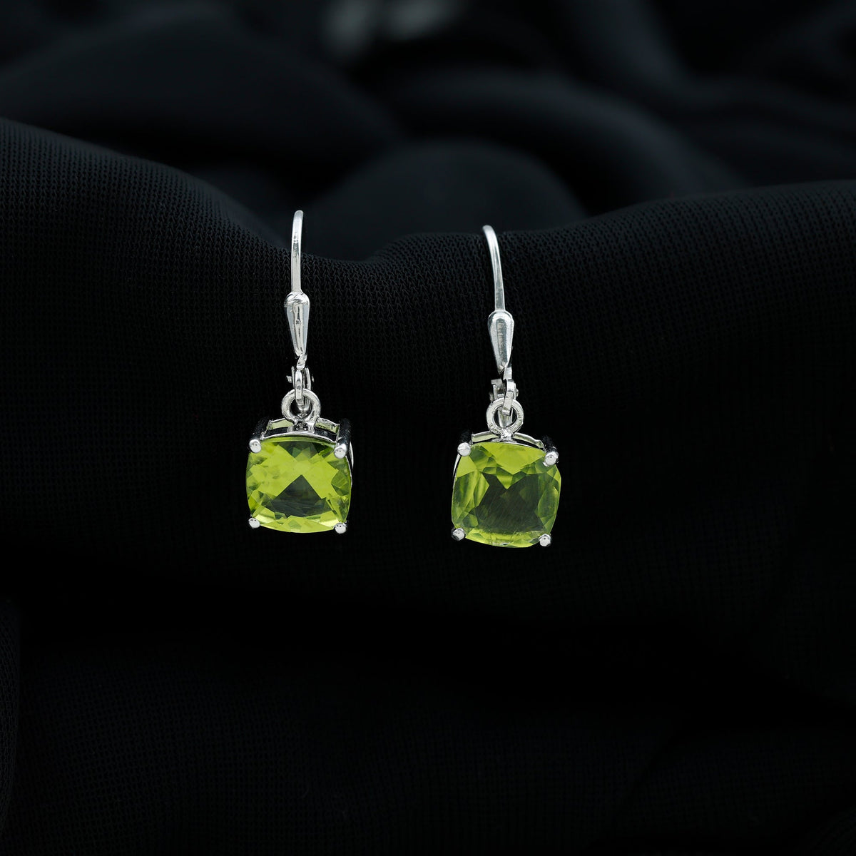 4.2 Carat Cushion Cut Peridot Solitaire Drop Earrings with Leverback