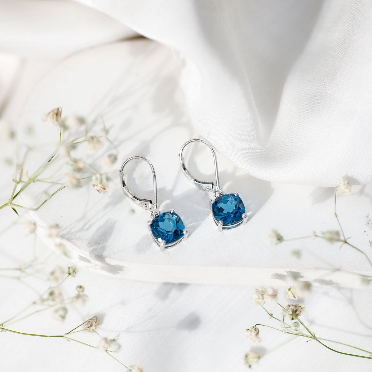 Cushion Cut London Blue Topaz Solitaire Drop Earrings