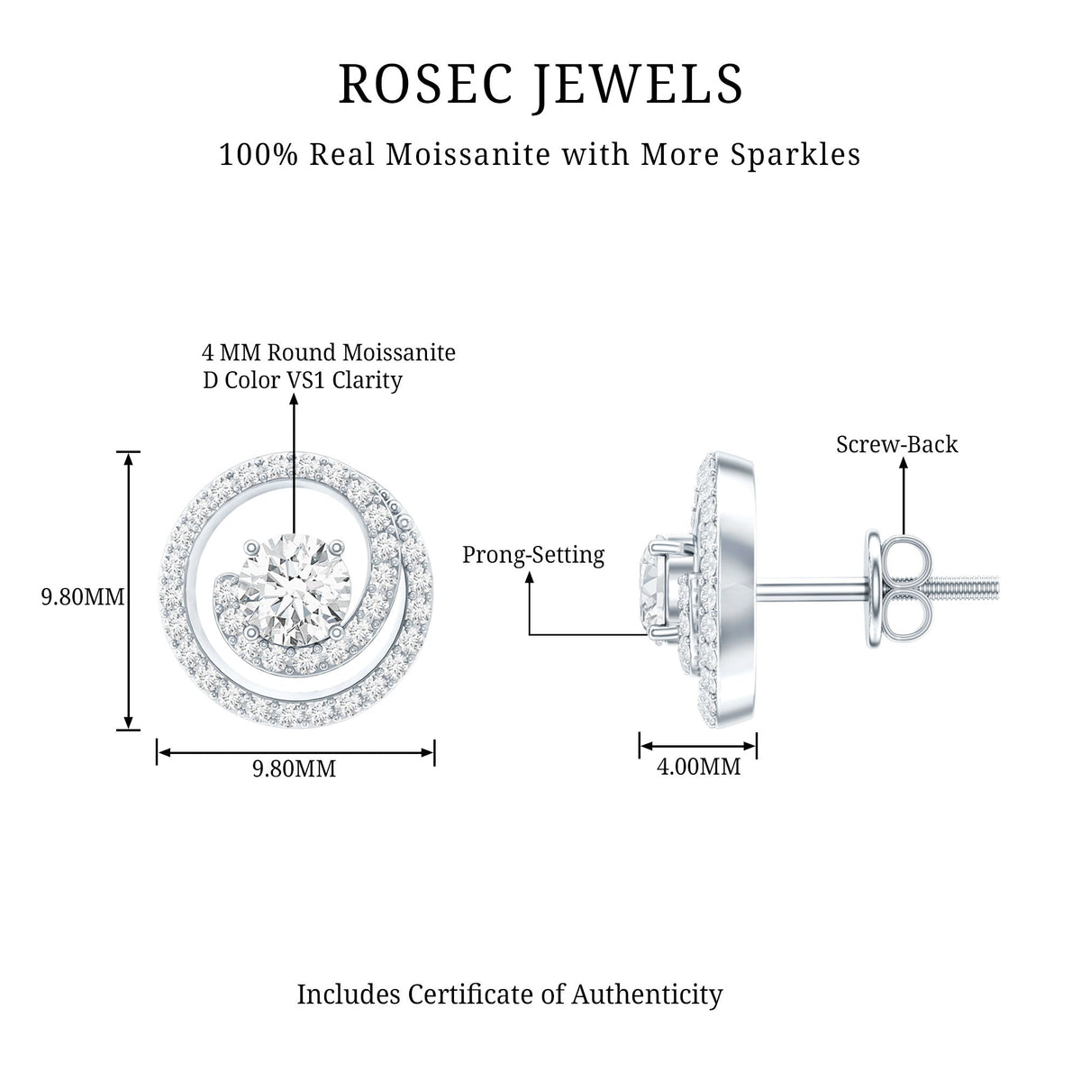 Certified Moissanite Swirl Earrings with Screw Back