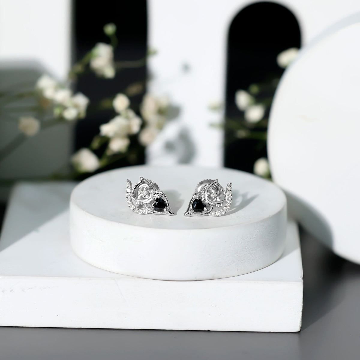 Heart Shape Lab Grown Black and White Diamond Cat Stud Earrings