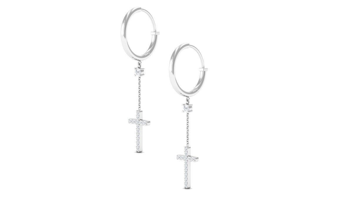 Genuine Diamond Cross Drop Earrings with Hinged Hoop