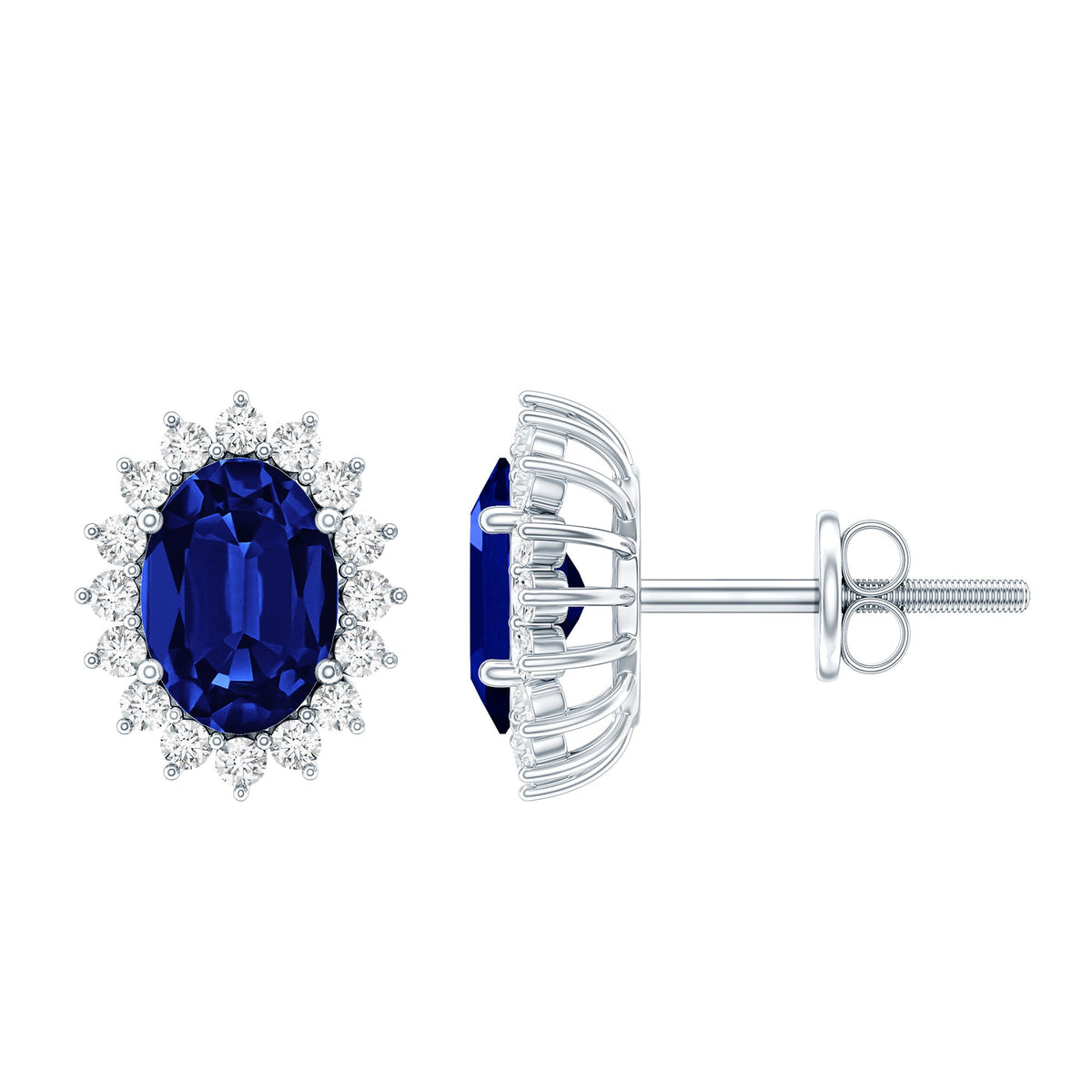 Lab Created Blue Sapphire Oval Stud Earrings with Moissanite Halo