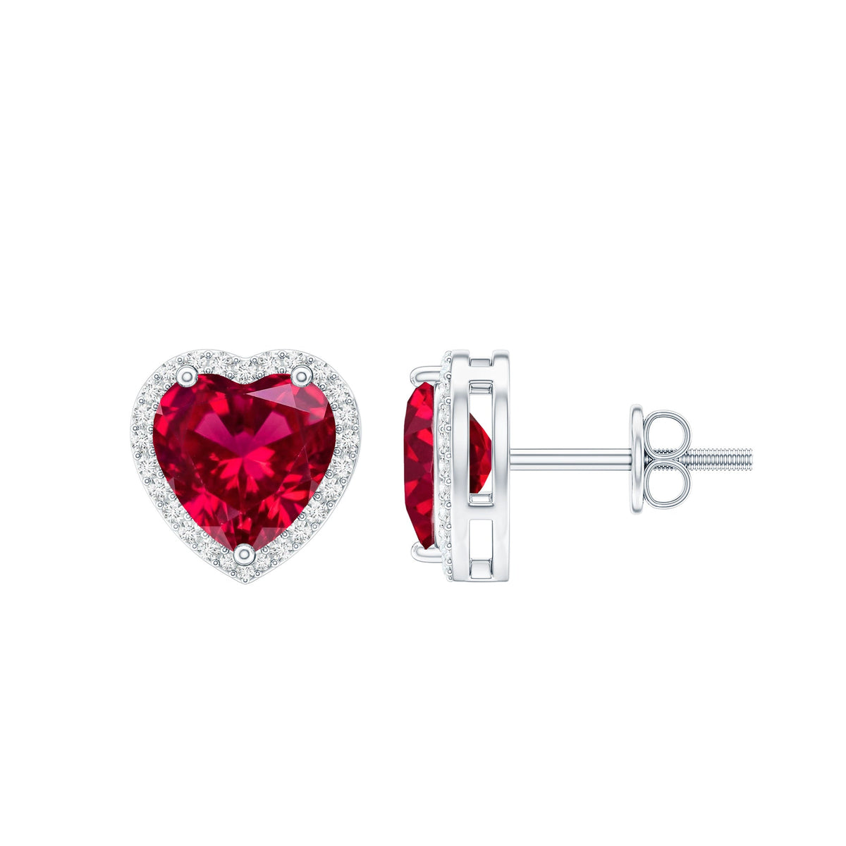 4 Carat Lab Grown Ruby Heart Stud Earrings with Moissanite Halo