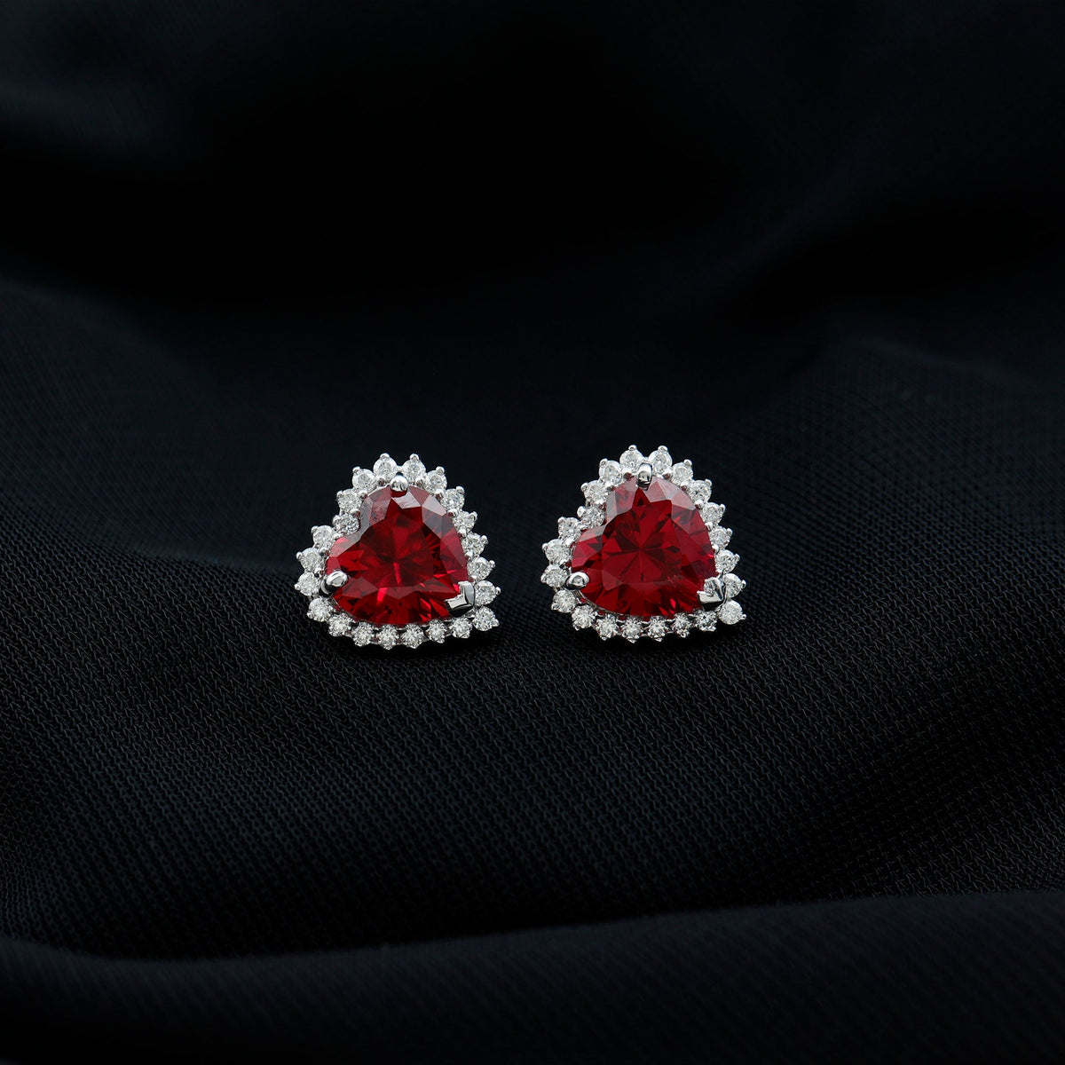 Lab Created Ruby Heart Studs with Diamond Halo