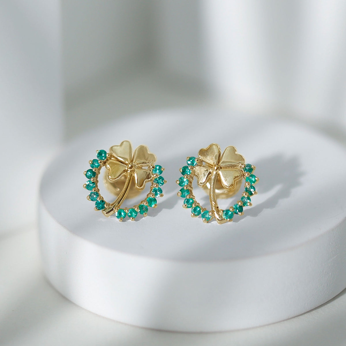 Genuine Emerald Clover Stud Earrings for Women