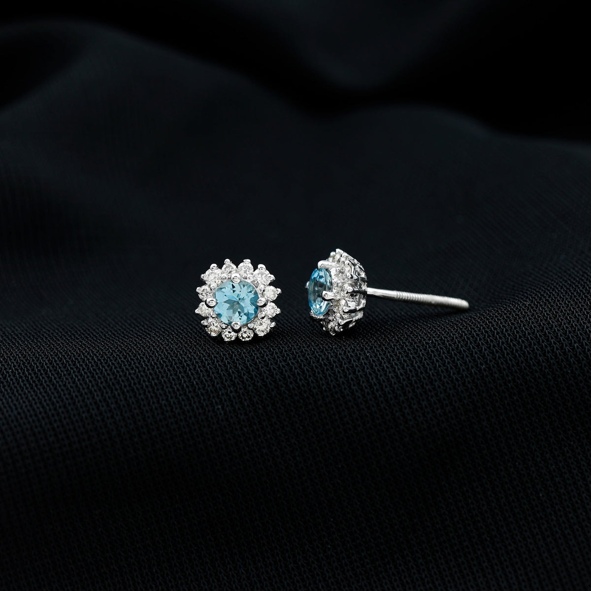 Genuine Aquamarine and Diamond Halo Stud Earrings