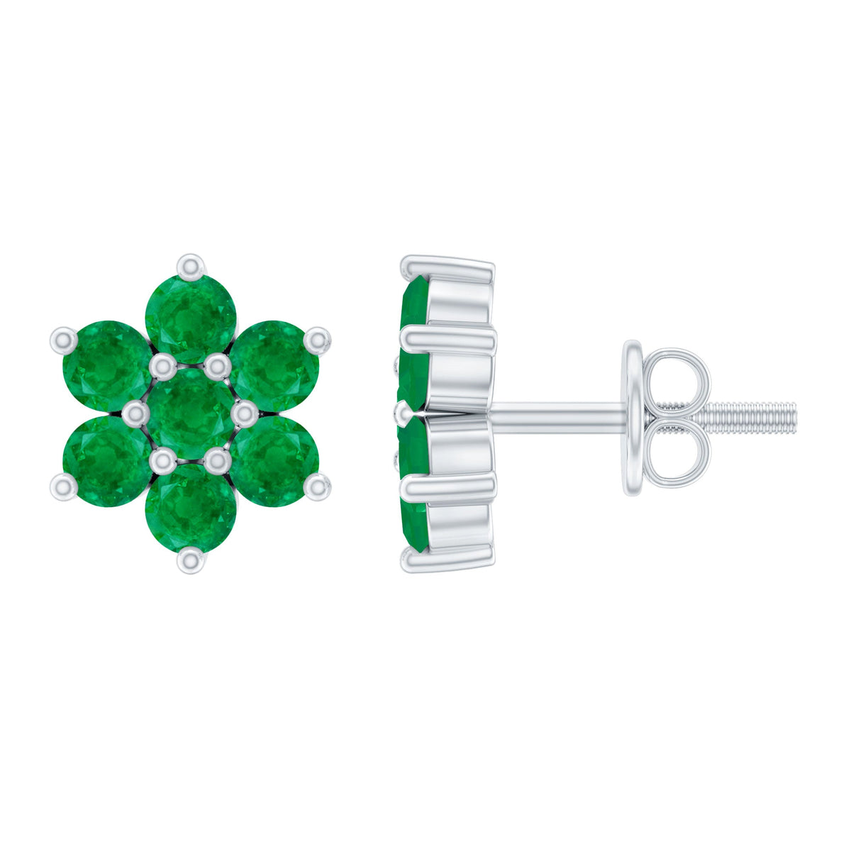 Natural Emerald Flower Stud Earrings with Screw Back