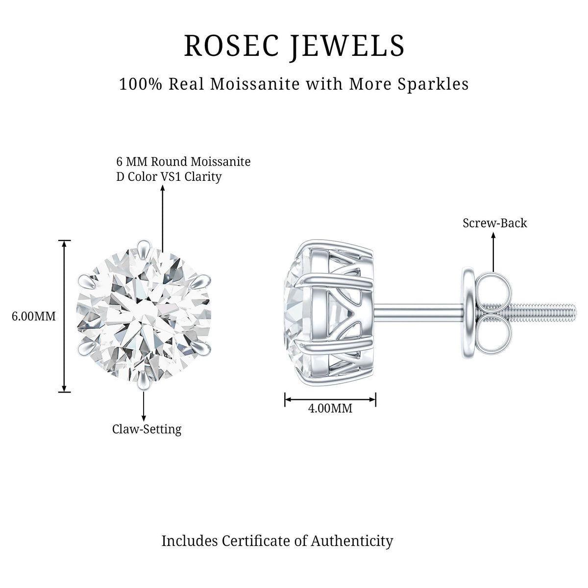 Claw Set Moissanite Solitaire Stud Earrings with Screw Backs