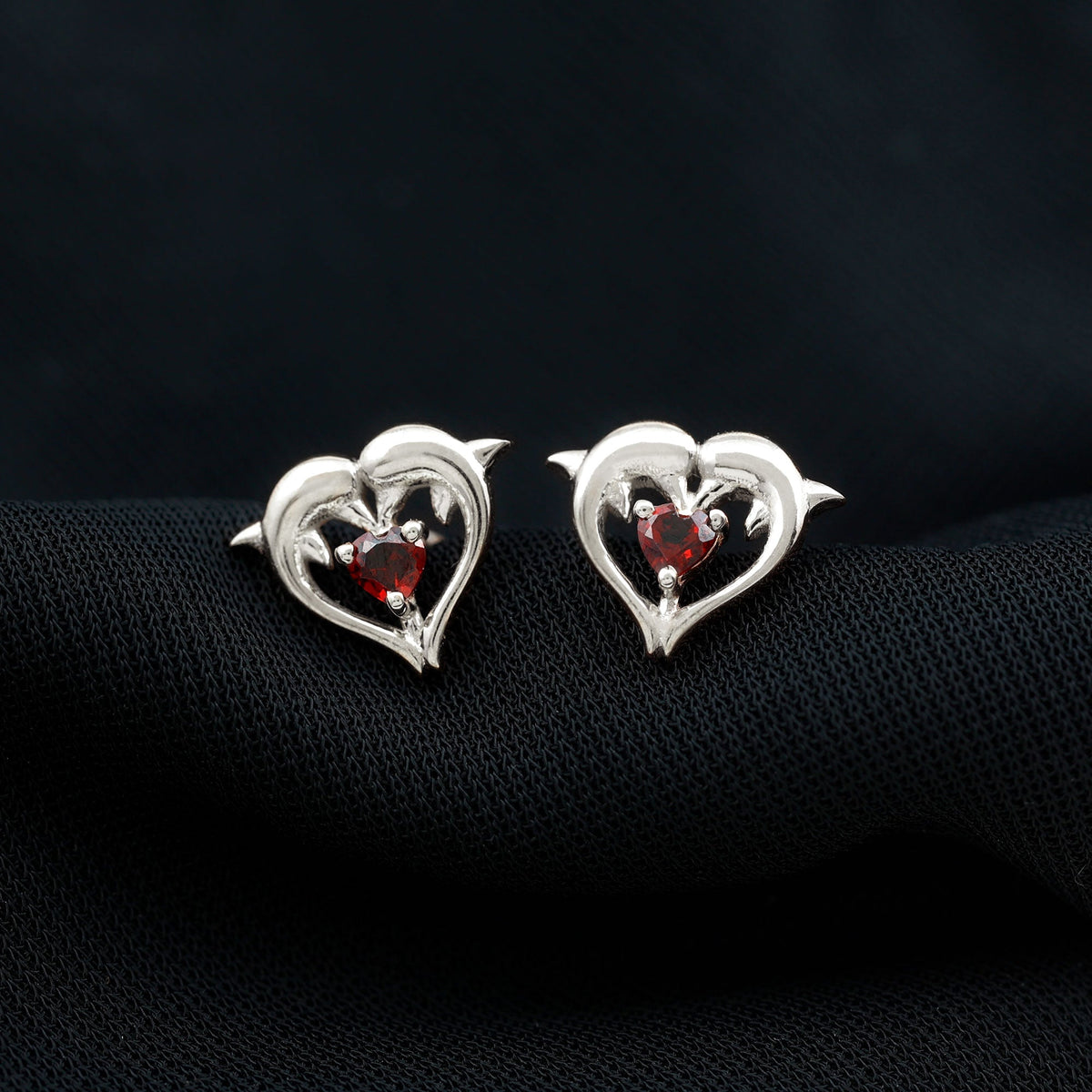 Heart Shape Garnet Kissing Dolphin Stud Earrings