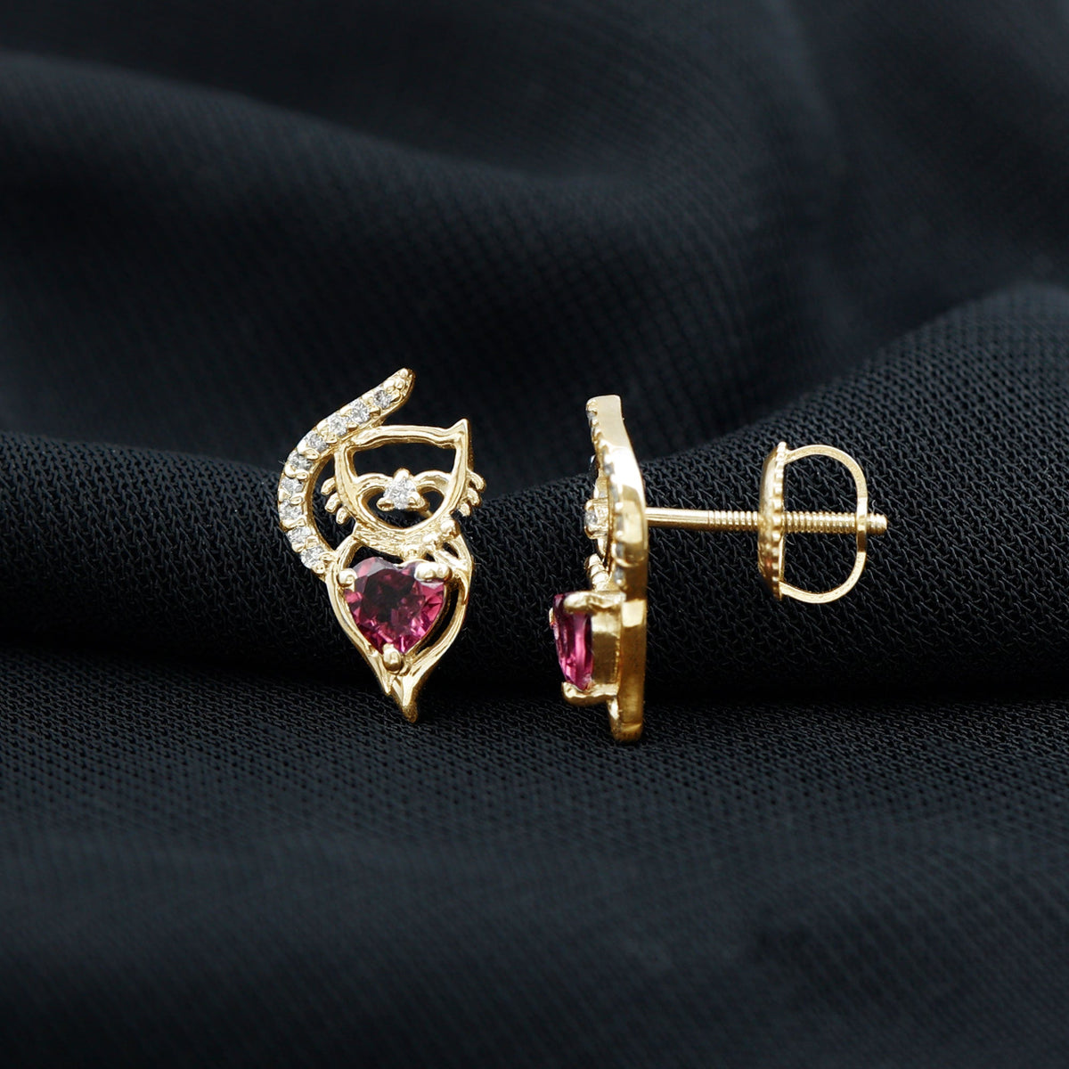 Heart Shape Pink Tourmaline and Diamond Cat Stud Earring