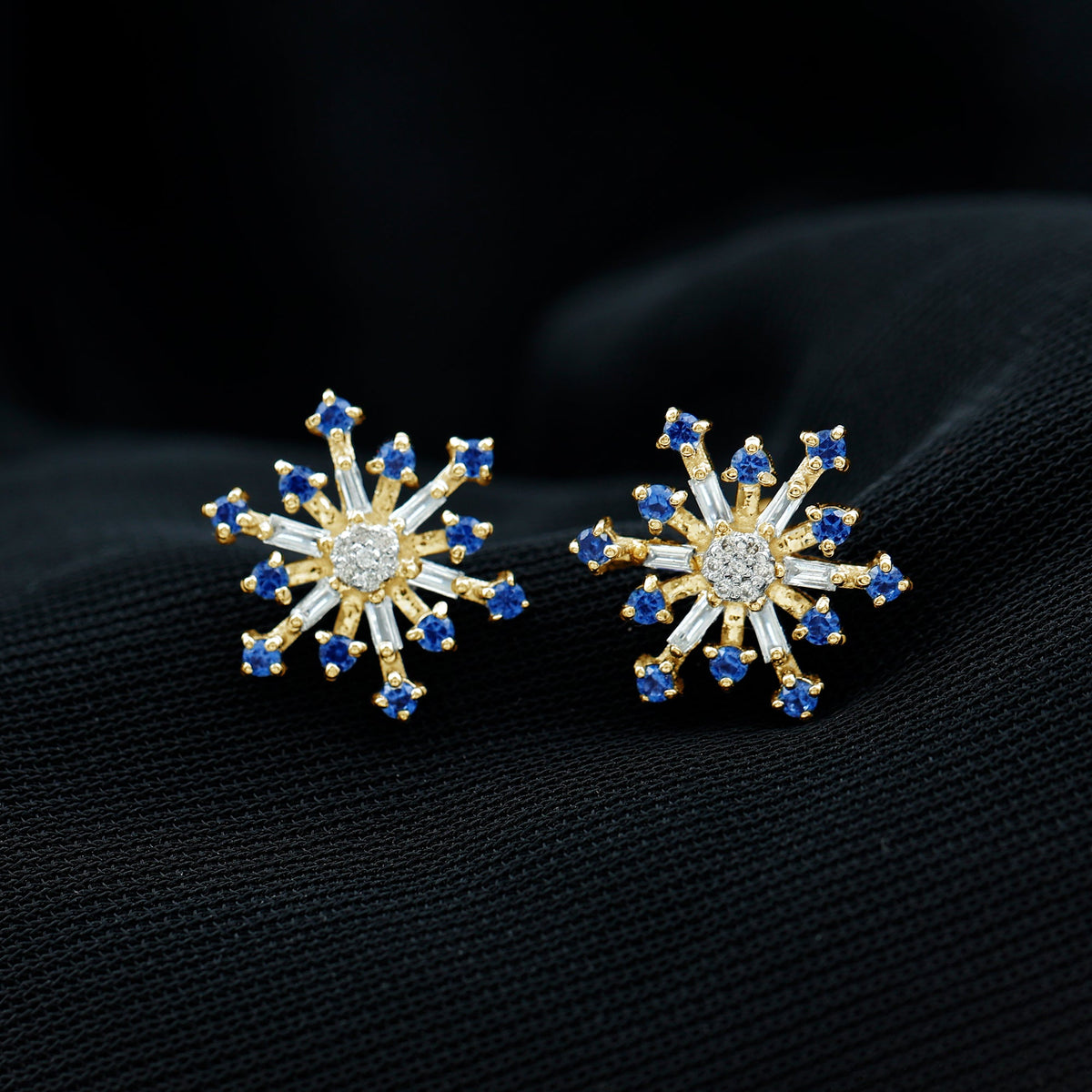 Lab Grown Blue Sapphire and Diamond Snowflake Stud Earrings