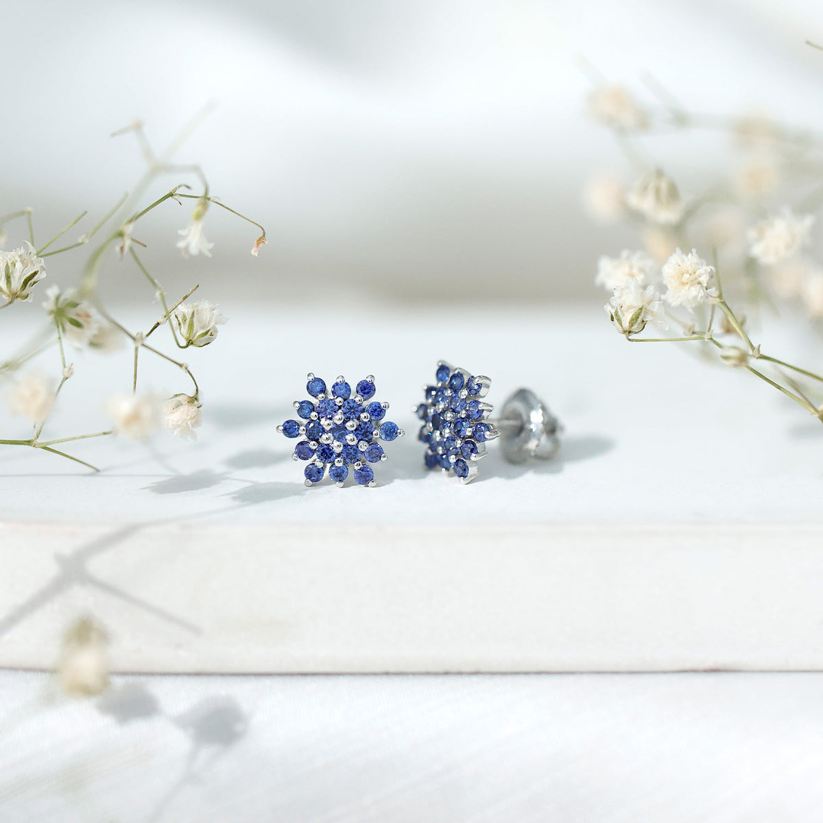 Snowflake Looking Lab Grown Blue Sapphire Cluster Stud Earrings
