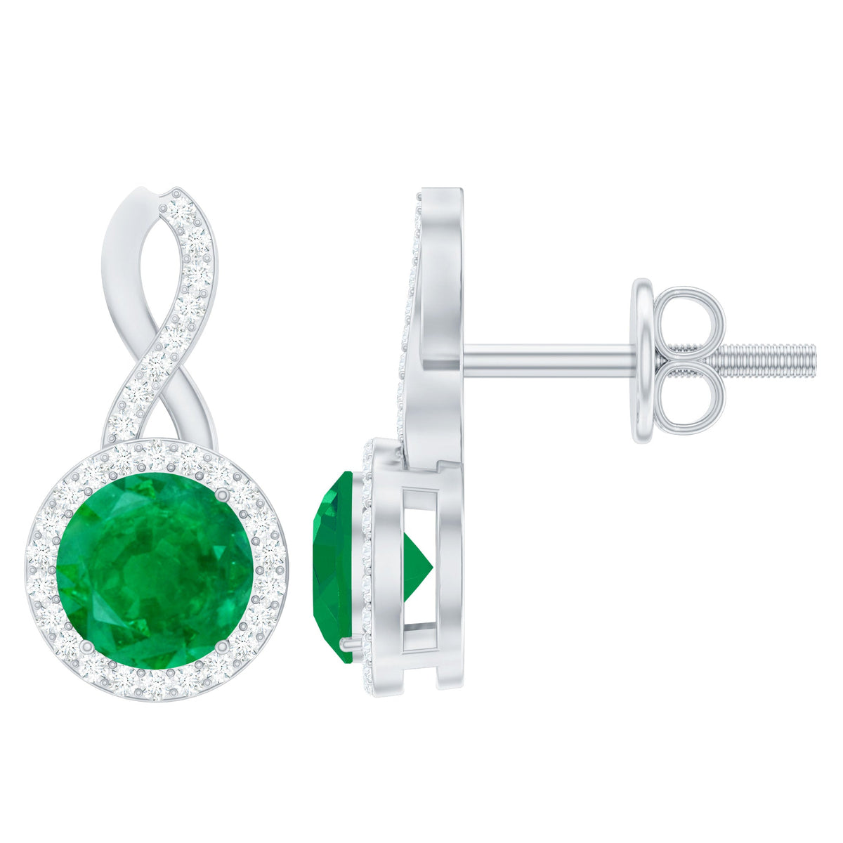 Genuine Emerald and Diamond Infinity Stud Earrings