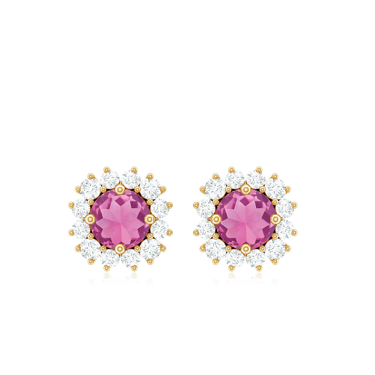 Natural Pink Tourmaline Stud Earrings with Diamond Halo