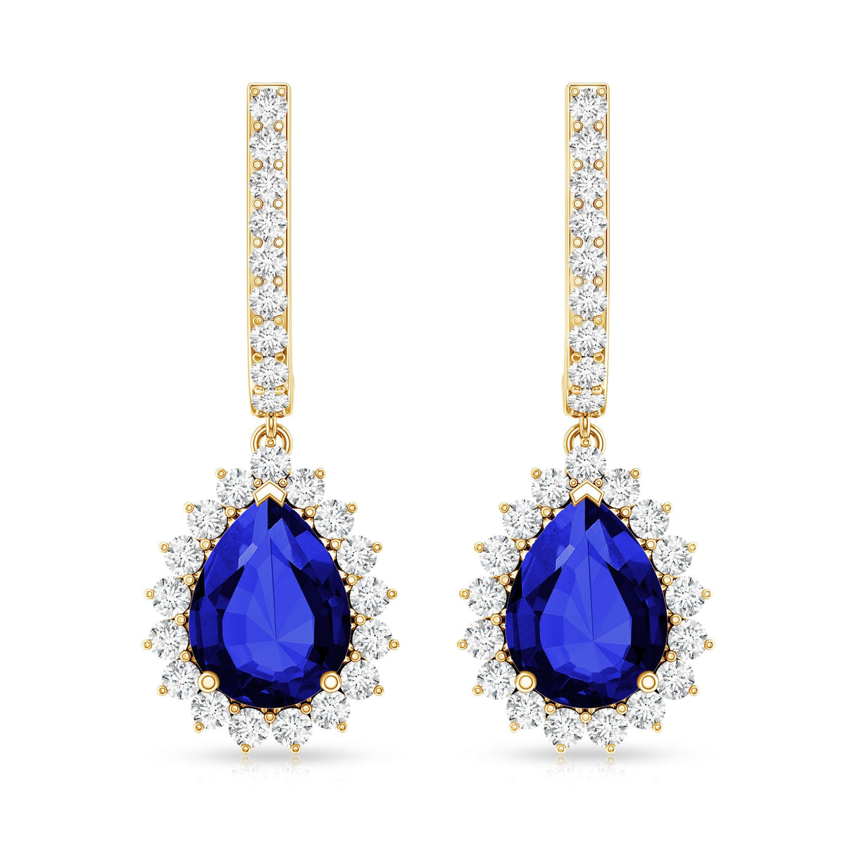 Pear Shaped Lab Grown Blue Sapphire and Diamond Hoop Drop Earrings