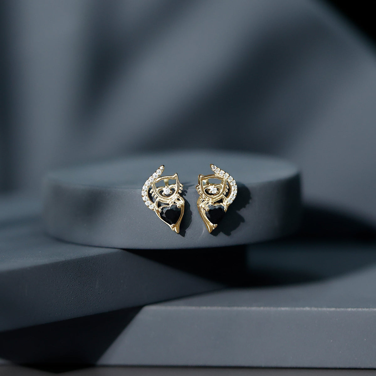 Heart Shape Black Onyx and Diamond Cat Stud Earrings